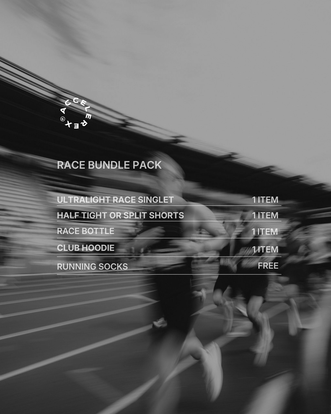 Black and white promotional graphic for a race bundle pack, showing blurred runners on a track with overlaid text listing included items: ultralight race singlet, half tight or split shorts, race bottle, club hoodie, and running socks.